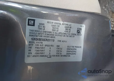 2012 Chevrolet Tahoe Lt z USA, uszkodzony, nr VIN 1GNSKBE00CR201119